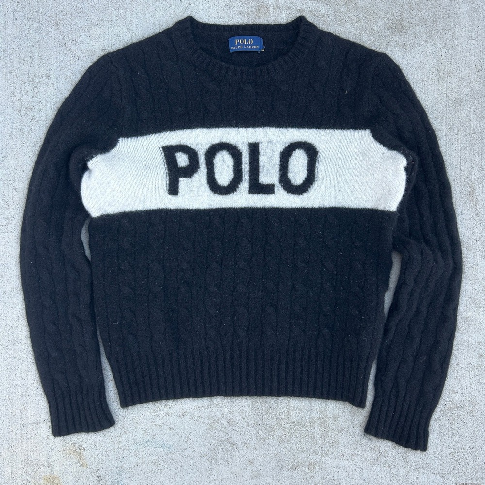 Polo Ralph Lauren Sweater XS Black White Cable Knit Logo Wool Cashmere Crew Neck